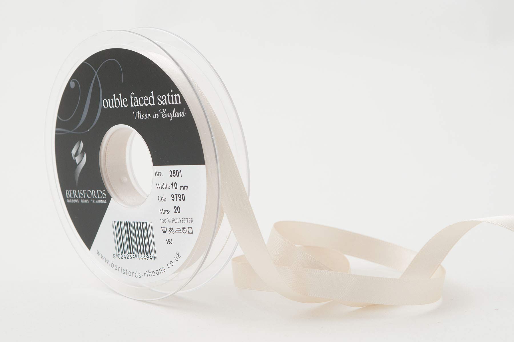 Berisfords Double FACE Poly Satin Ribbon, Pearl, 10 mm