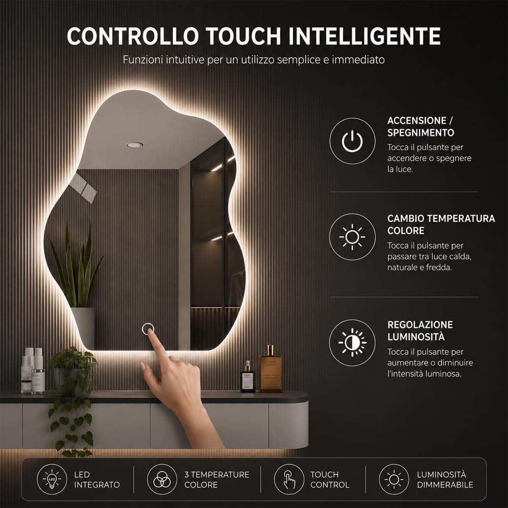 Shally Dogan Specchio Ondulato da Parete con Led Dimmerabile a 3 Colori, Bianco Freddo, Caldo e Naturale, Accensione con Touch, Decorazione da Muro Design Moderno e Salvaspazio, 50 x 70 cm