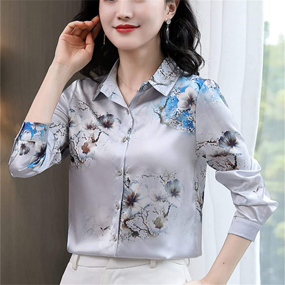 Camisas de Seda para Mujer Blusas Camisa de Manga Larga con Estampado de Leopardo Tops Blusa de Trabajo Floral de satén para Mujer pic-10 S