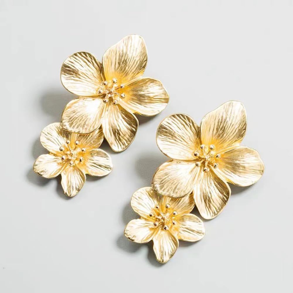 Bohemian Double Flower Dangle Drop Earrings Vintage Gold Plated Elegant Chic Unique Floral Statement Dangling Studs Hypoallergenic Evening Party Jewelry for Women - Image 5