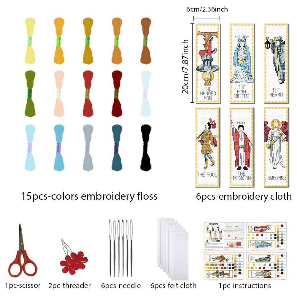 FREEBLOSS 6 Set Cross Stitch Bookmark Kits Tarot Themed Stamped Cross Stitch Kit Embroidery Bookmarks Cross Stitch Bookmarks Embroidery Kit for Adults Beginners with Clear Instructions - Image 2