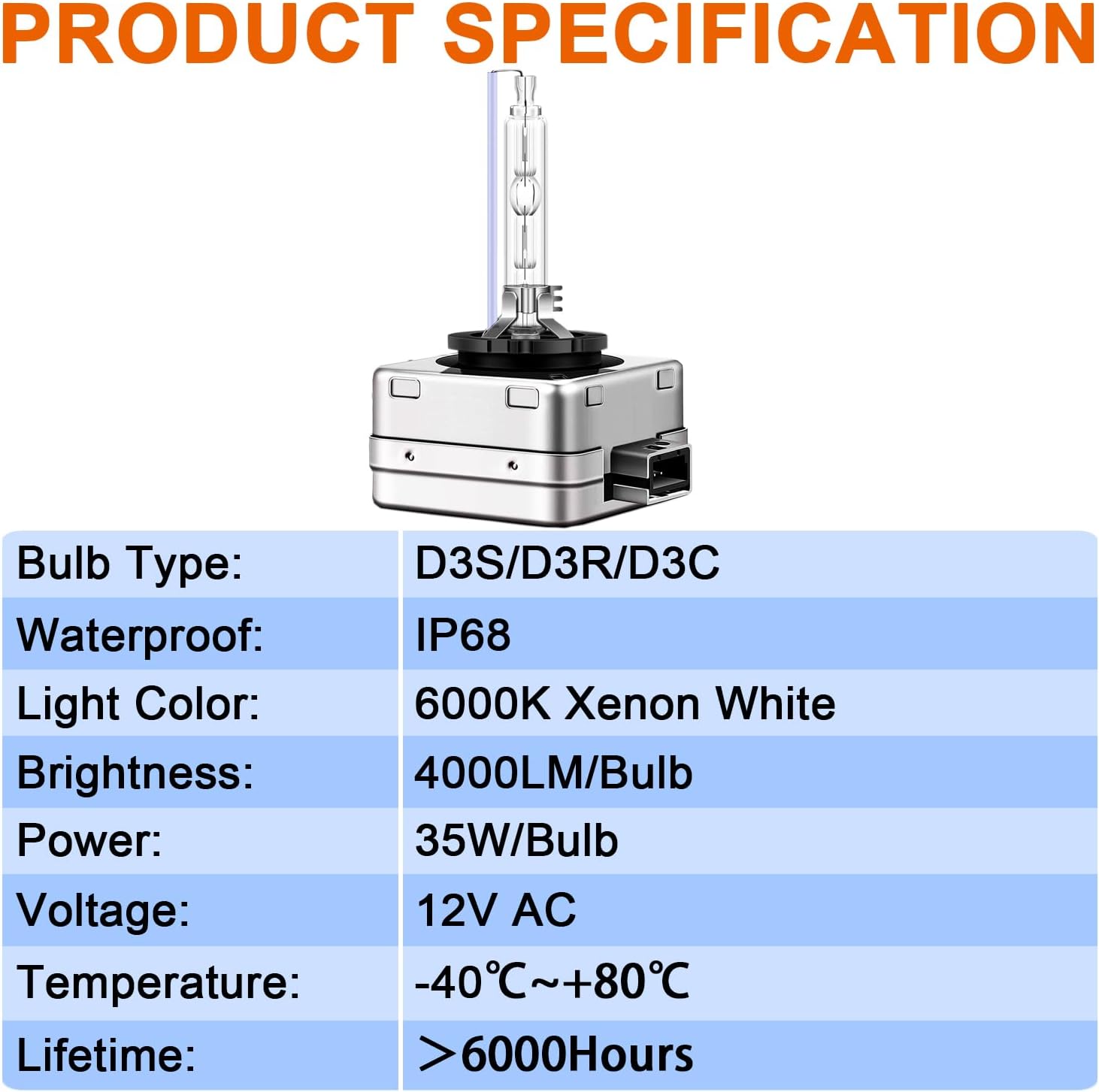 D3S HID Bulbs, 6000K Diamond White, 150% Lighting Distance, 66340 42403 42302 35W High Low Beam Xenon Replacement Bulb with Metal Stents Base, Pack of 2