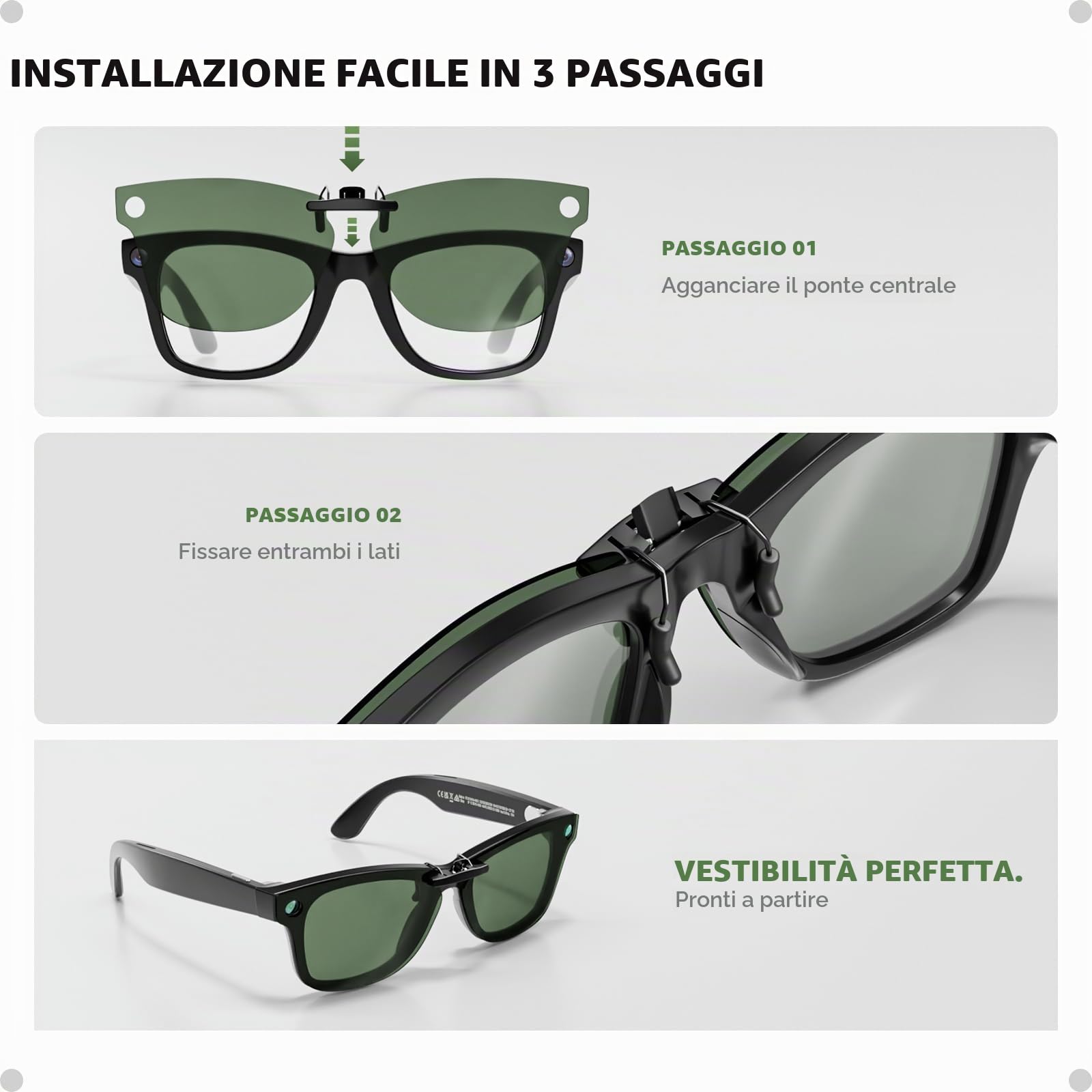 Confezione da 4 occhiali da sole polarizzati a clip per occhiali Ray-Ban Meta 2 Smart Glasses, protezione UV antiriflesso, nessun impatto sui sensori, 4 colori (nero/verde/blu/grigio sfumato