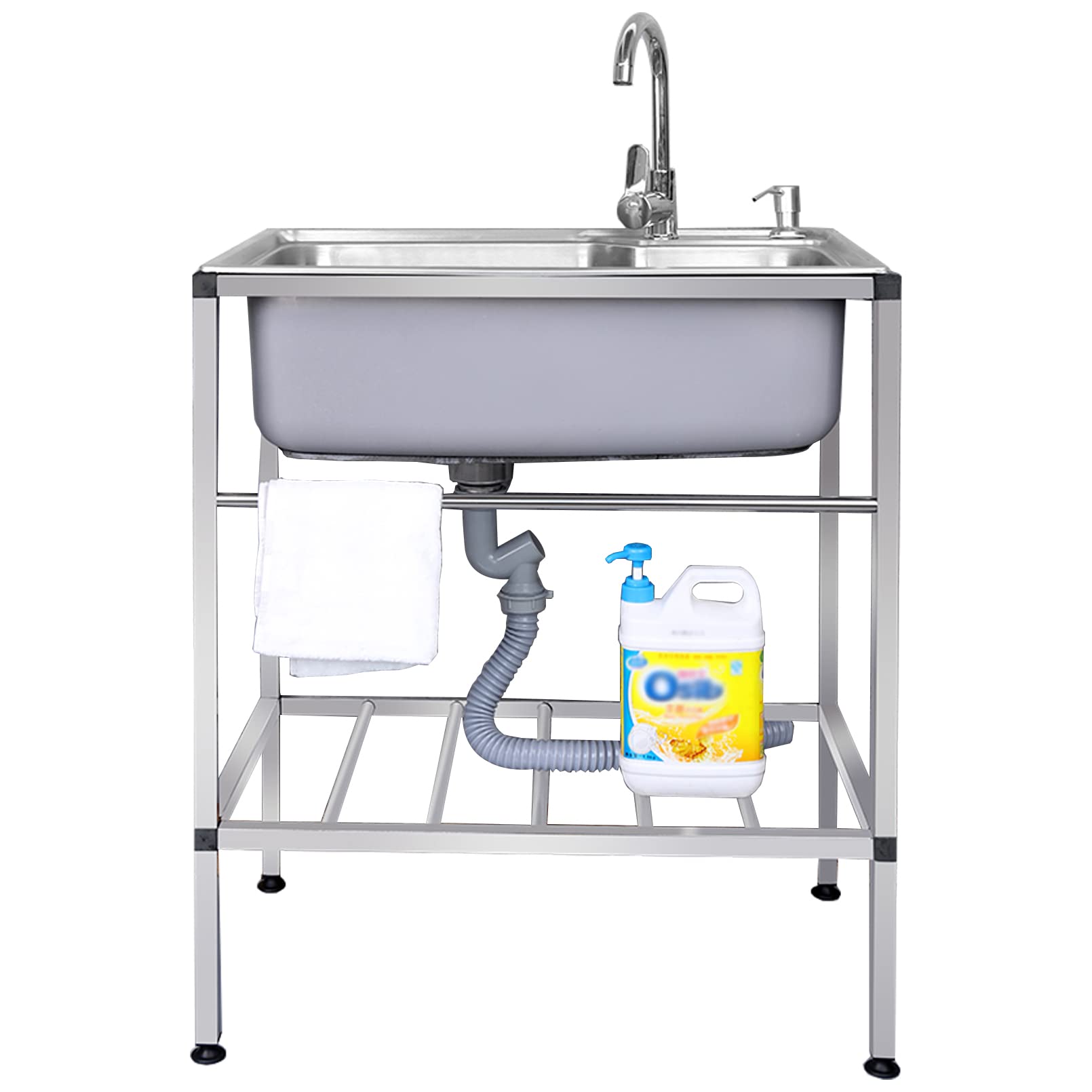 Évier mobile de cuisine commerciale avec étagères de rangement et robinet eau chaude froide