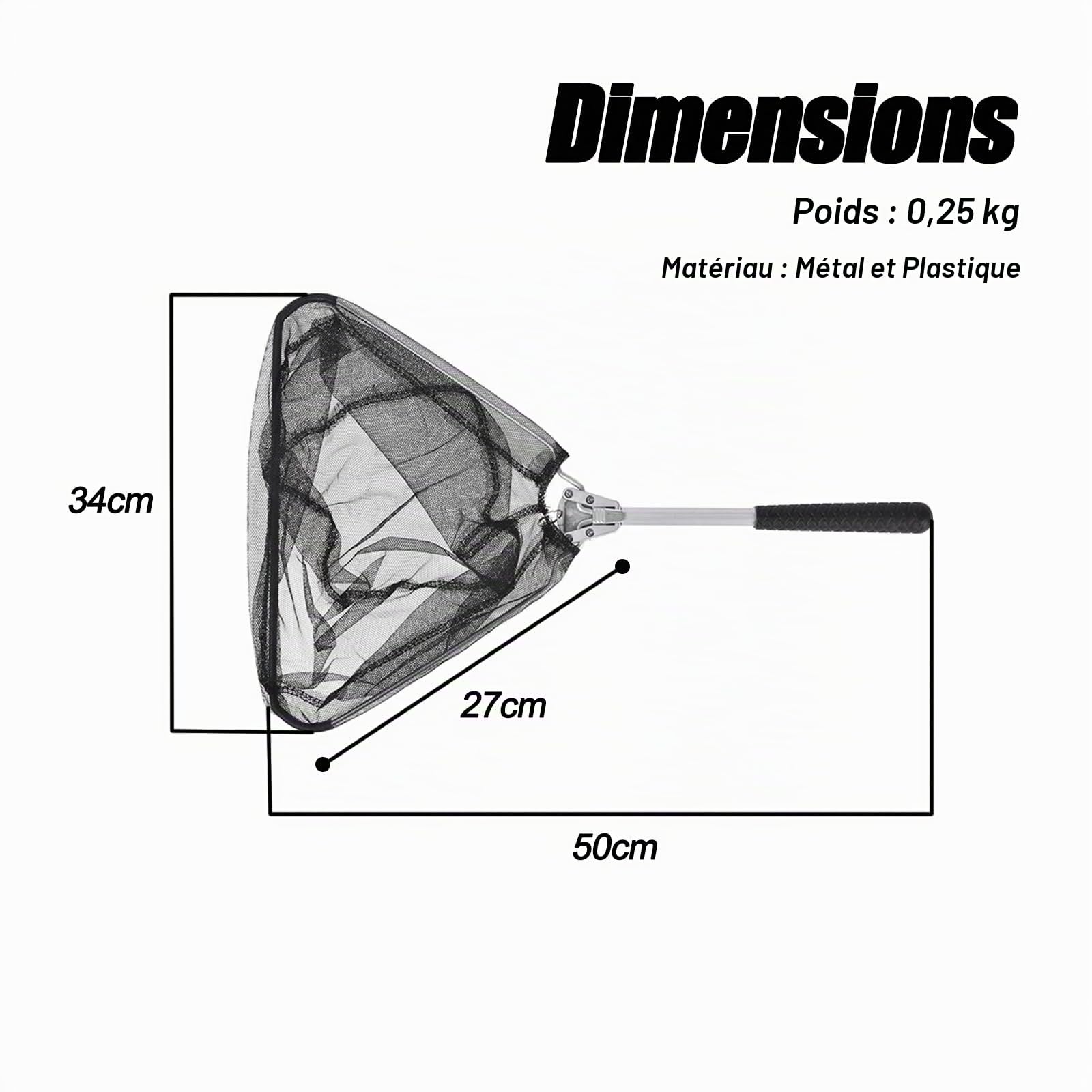 Épuisette de Pêche Pliable, Poignées Antidérapantes, Filet en Nylon, Portable, 30 x 30 cm, Profondeur 20 cm, pour Enfants et Adultes