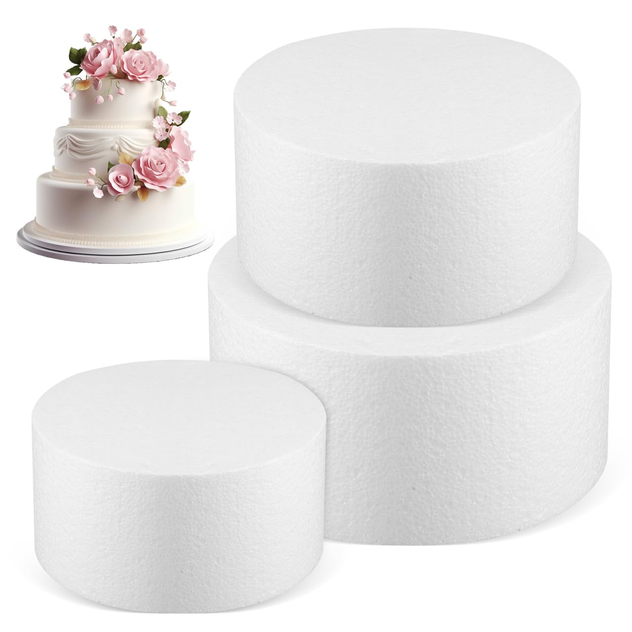 COHEALI 3 X Cake Dummies Round Foam White 100/150 / 200 mm