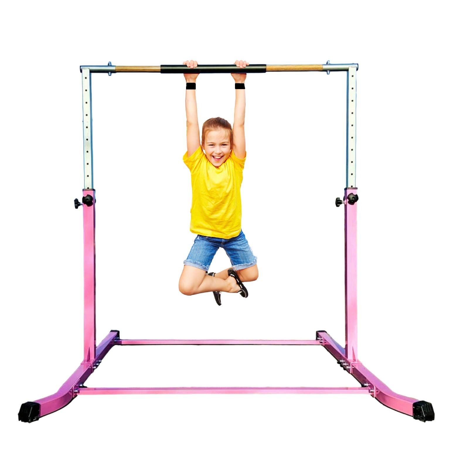 Expandable Gymnastic Kip Bar Gymnastics Horizontal Bar for Kids - Adjustable Height 3' to 5' - Junior Training Bar, Heavy Duty Curved Legs, Cushioned Hand Pad (Pink)