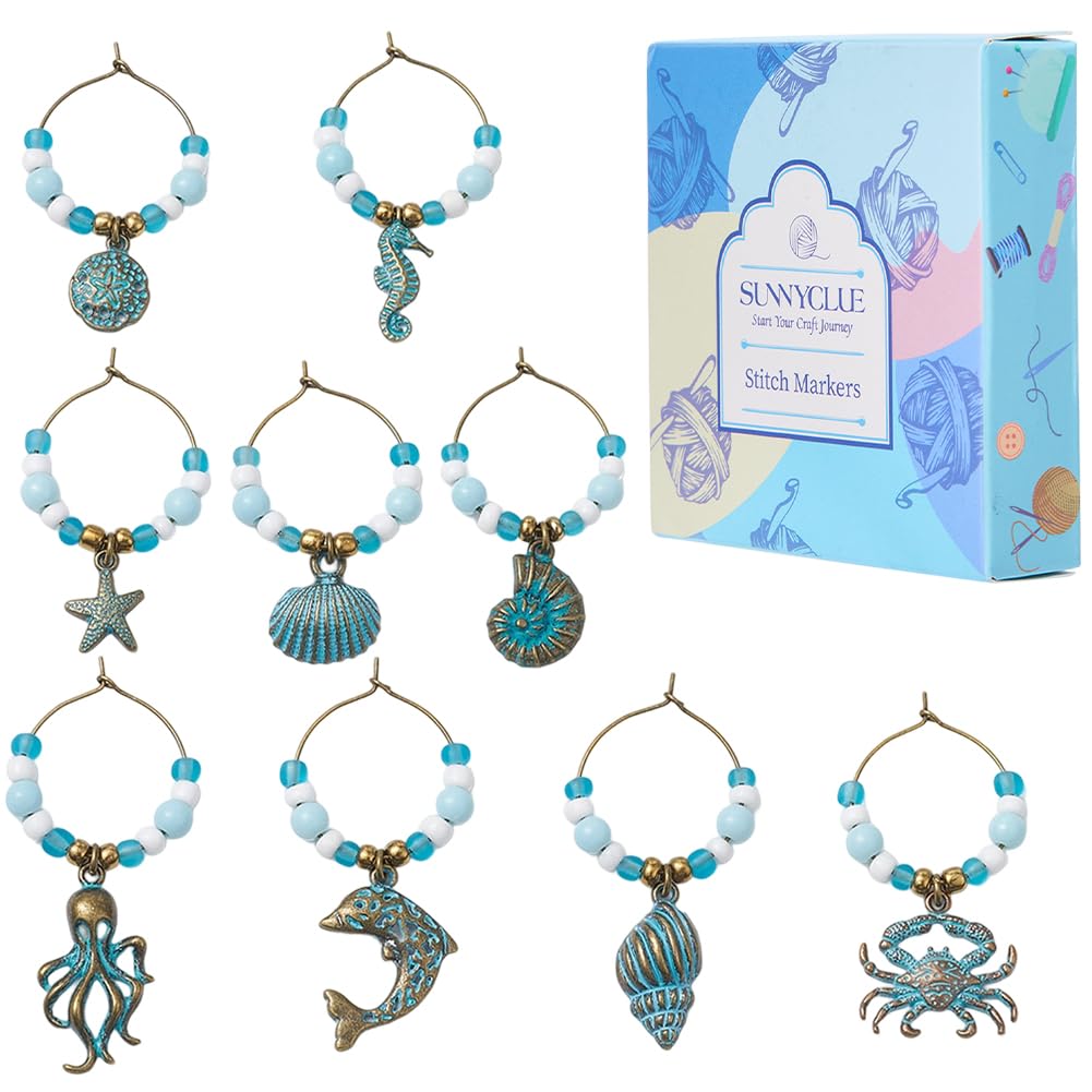 Amuletos de vino de verano y dijes de aleación azul con diseños de animales marinos para copas