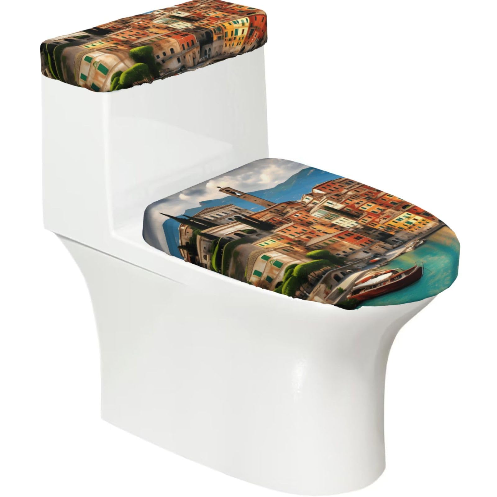 Flghjnbjn Black Beautiful Italy Printed Toilet Tank And Lid Cover Set Of 2 For Most Bathrooms, Fits Elongated Round Toilets