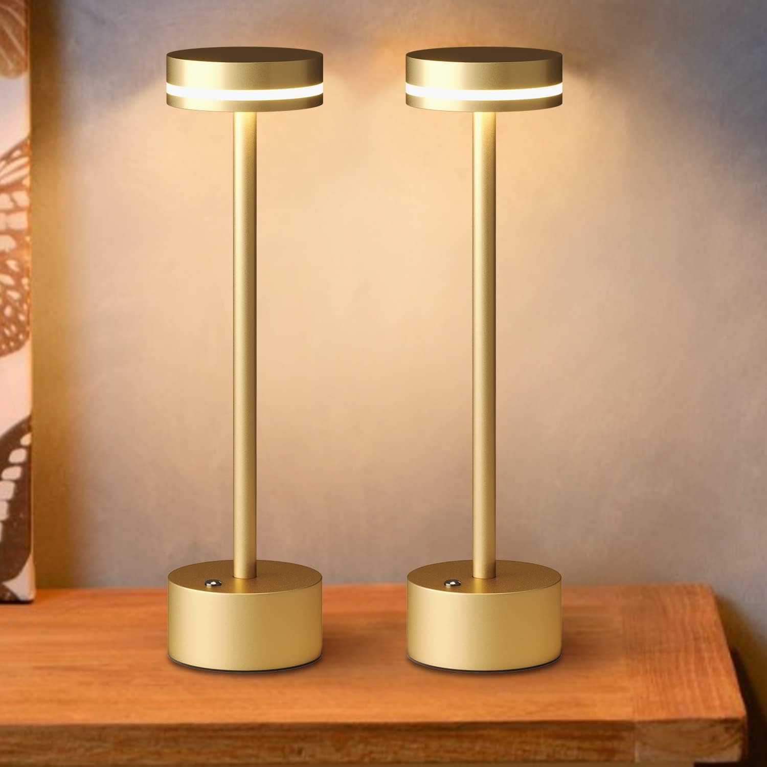 Pack of 2 Rechargeable Wireless Battery Table Lamp with Touch Switch, Full Aluminium Lamp Body, 3-Level Dimming, 4000 mAh Battery, 3000 K Warm Light, for Dining Table, Living Room (Gold)
