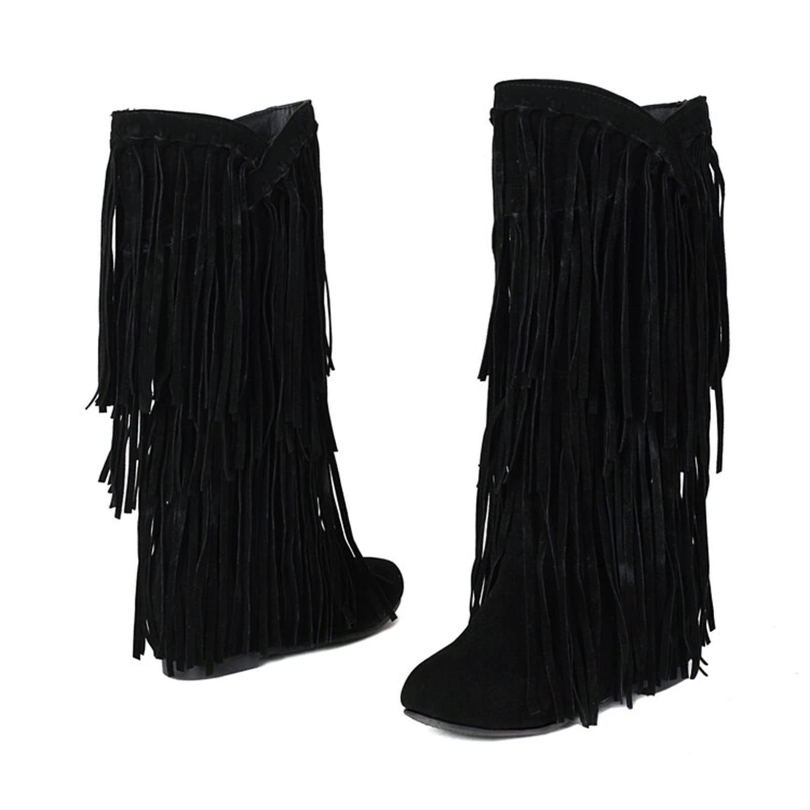 Generisch Botas con flecos para mujer, botas de vaquero para mujer, botas de invierno medianas y altas, suela plana, botines de moda para mujer, monocolor, botas de exterior, informales, cómodas