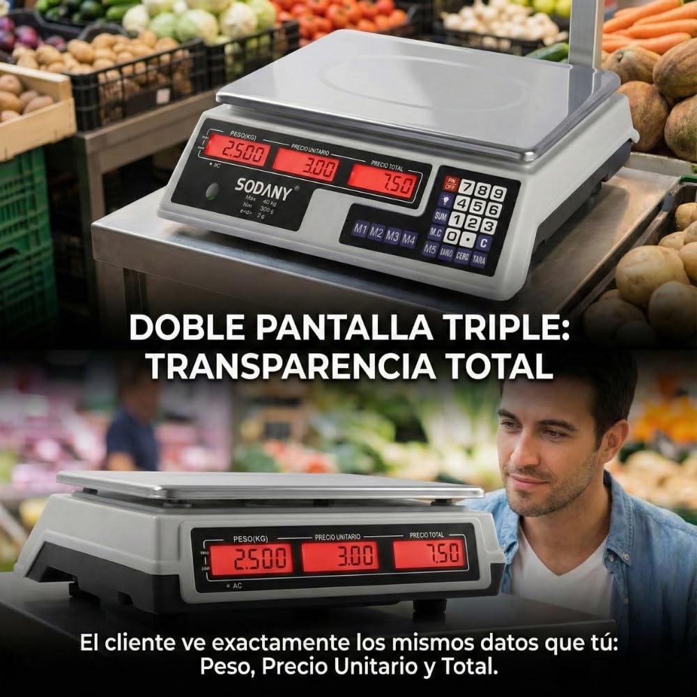 Báscula Comercial 40kg/2g Balanza Digital Profesional con Doble Pantalla LED Verde (3 Visores), Batería Recargable, Plato Acero Inoxidable. Ideal para Frutería, Mercadillo y Tiendas