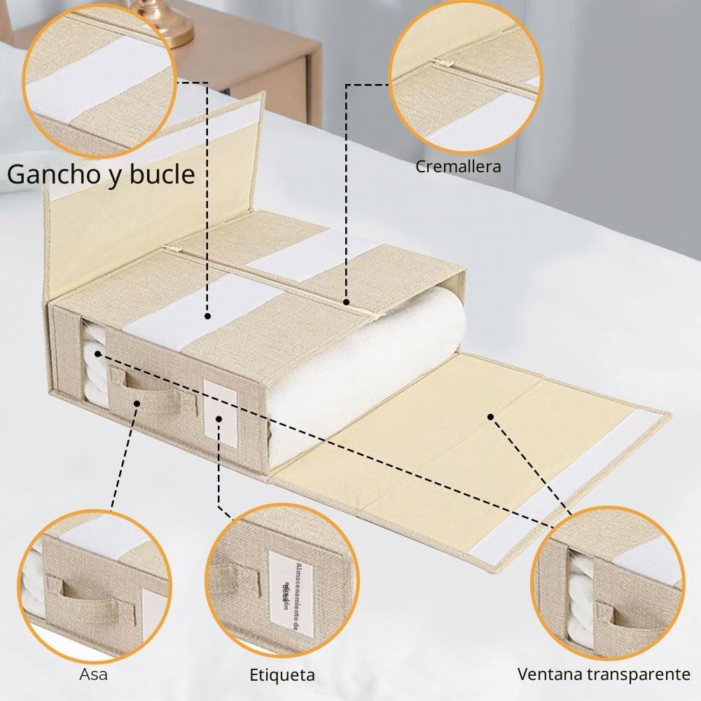 6 Piezas Caja Organizador Sabanas Armario, Organizador Armario Ropa Lino Plegable para Frazada y Sabanas, Caja de Almacenamiento que se Puede Guardar Debajo de la Cama o en un Cajón - Beige