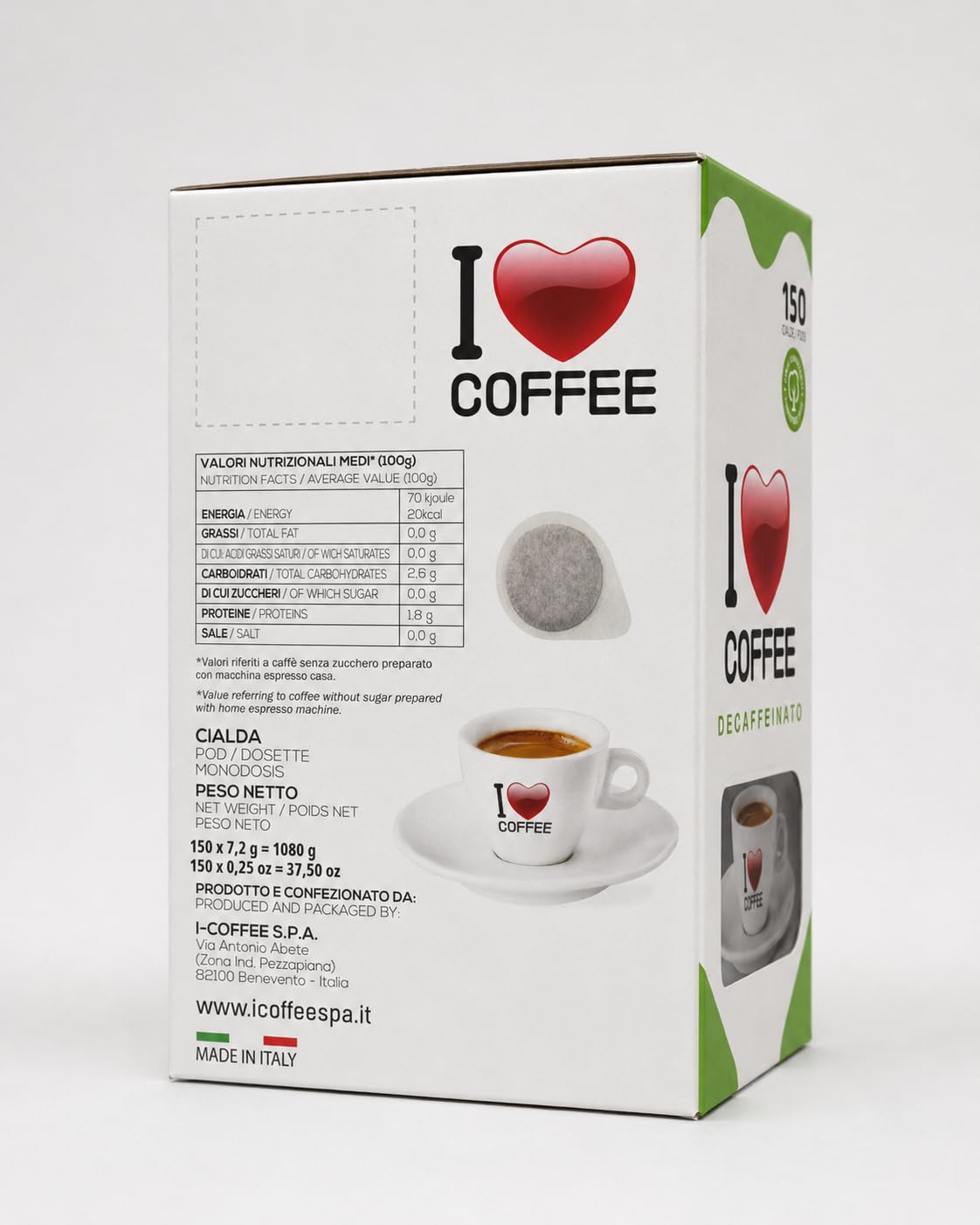 I Love Coffee Cialde Miscela Decaffeinato, Box da 1050 Cialde