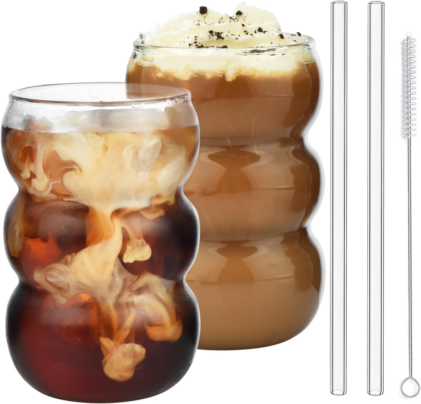 VITEVER 2 Pack 550ML Iced Coffee Glasses, Bubble Drinking Glasses Tumblers - Glass Cups Mini Cute Ripple Shaped Vintage Ribbed Glassware - Cocktail, Water, Soda, Juice, Milk