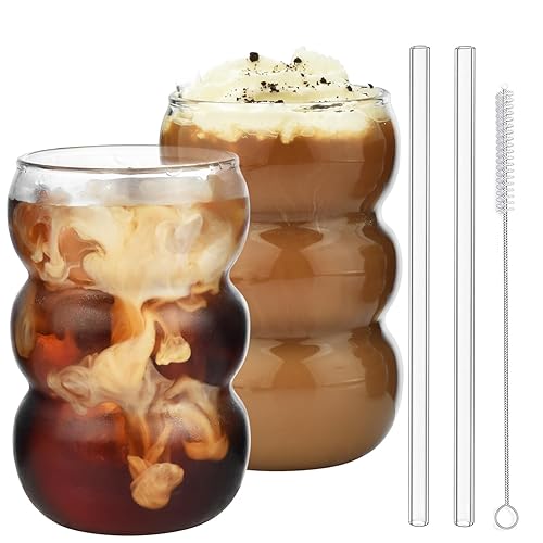 VITEVER 2 Pack 550ML Iced Coffee Glasses, Bubble Drinking Glasses Tumblers - Glass Cups Mini Cute Ripple Shaped Vintage Ribbed Glassware - Cocktail, Water, Soda, Juice, Milk - 2 Pack-550ml