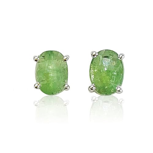Joyfulmuze Genuine Green Kyanite Stud Earrings, Sterling Silver 925 Rhodium Plated, Natural Oval Stone 6-8mm, Jewelry For Mothers And Daughters, 1