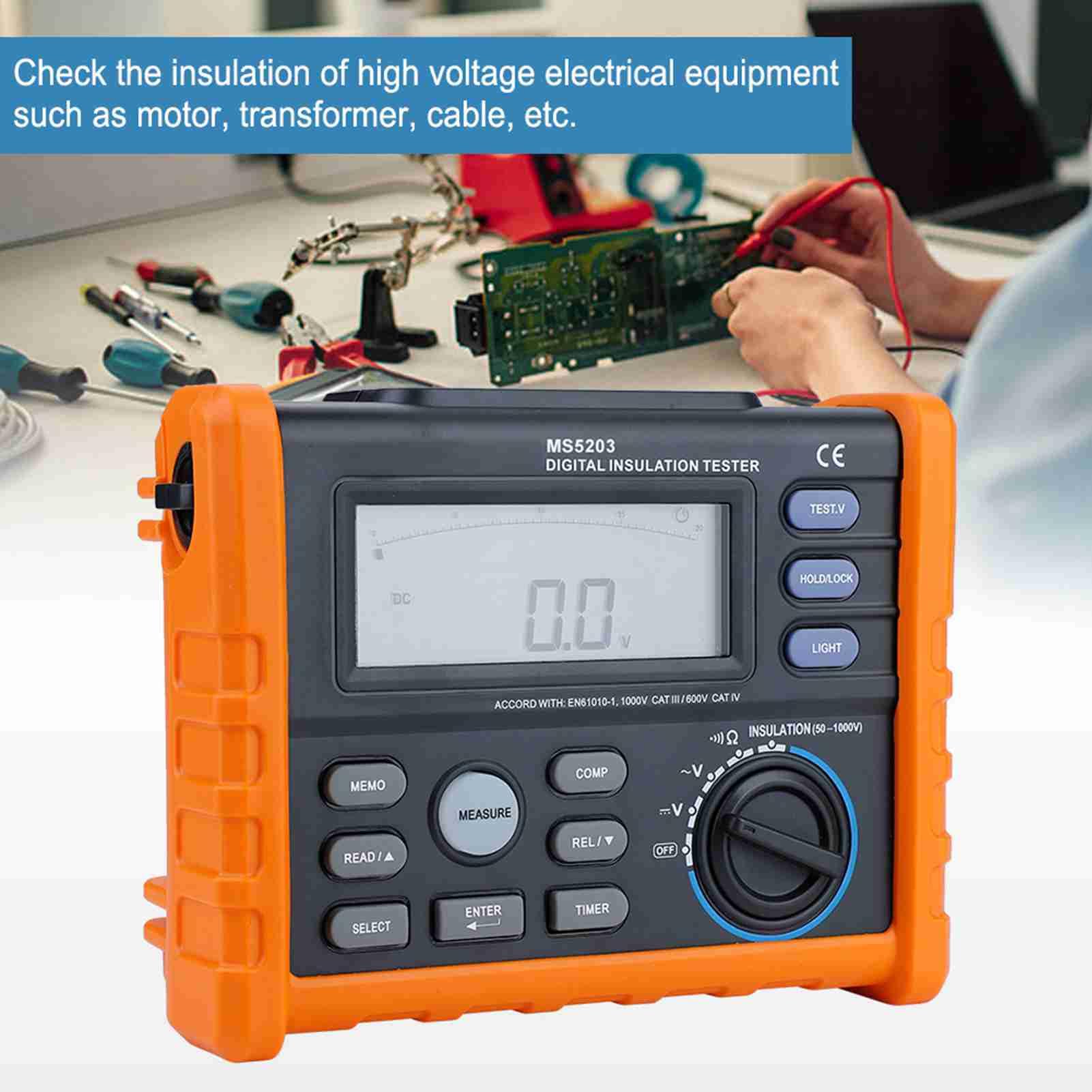 Digital Megohmmeter PM5203, Isolationswiderstandstester 50-1000V mit Analog-Display, Automatische PI/DAR-Berechnung, für Wartung von Motoren & Transformatoren (Elektriker/Servicetechniker)