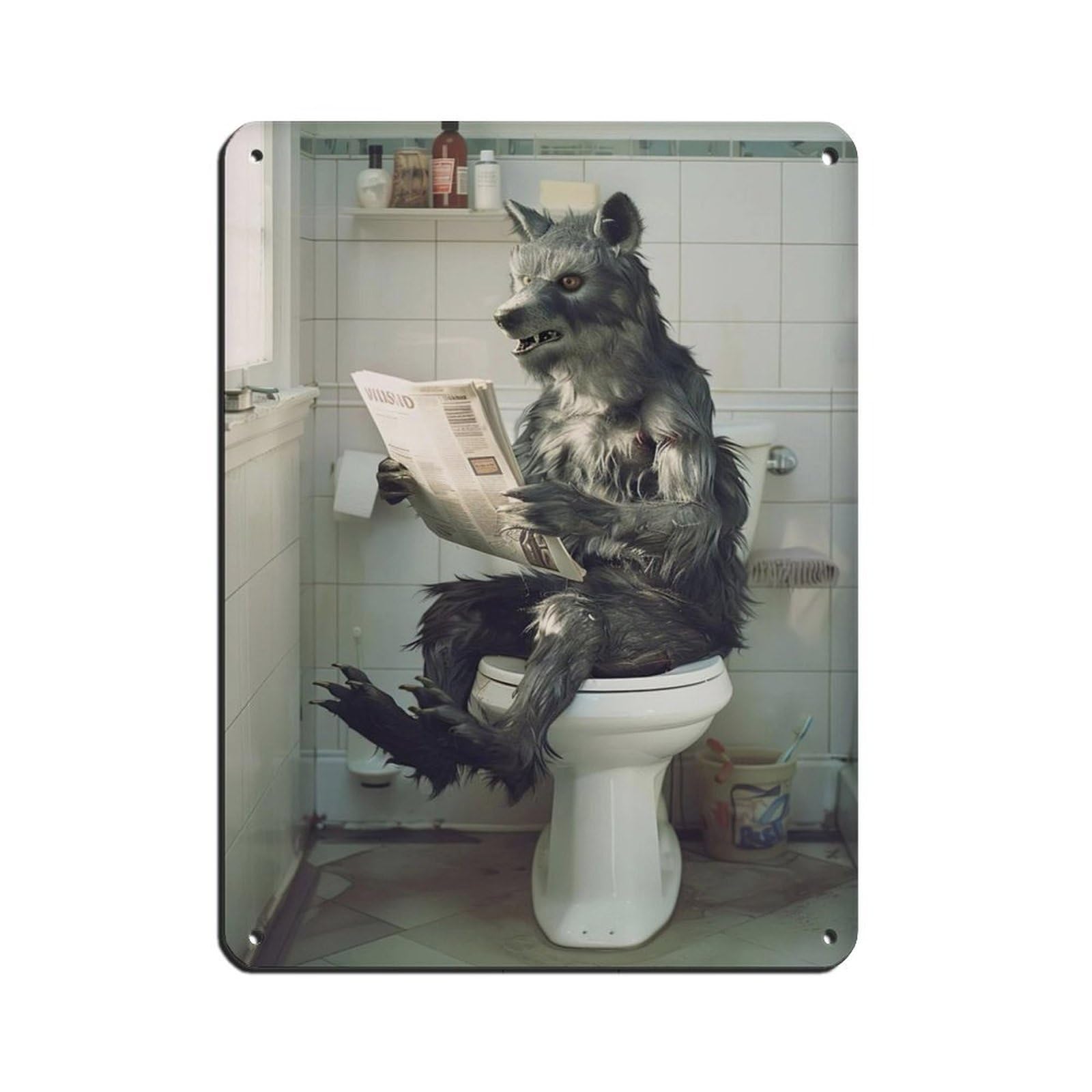 Werewolf Sitting on The Toilet Reading A Newspaper (4) Retro Poster Metal Tin Sign Chic Art Retro Iron Painting Bar People Cave Cafe Family Garage Poster Wall Decoration 12x16inch(30x40cm)