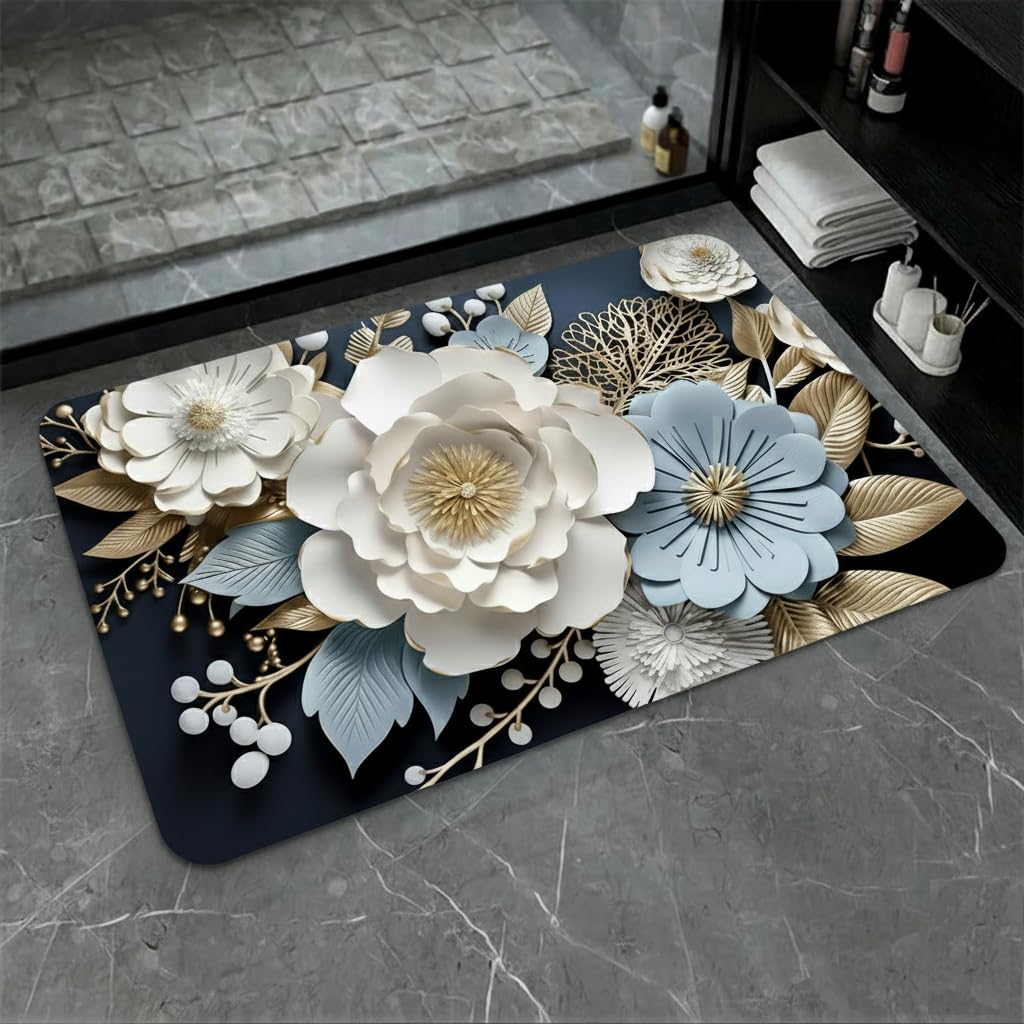 Royser 3D Floor Mats for Home | Anti-Slip Water Absorbent Soft Floor Mat for Kitchen & Bedroom Floral Bathroom Mat | Quick-Dry Washable Decorative Printed Bath Mat Rug for Home (60 x 40 cm)