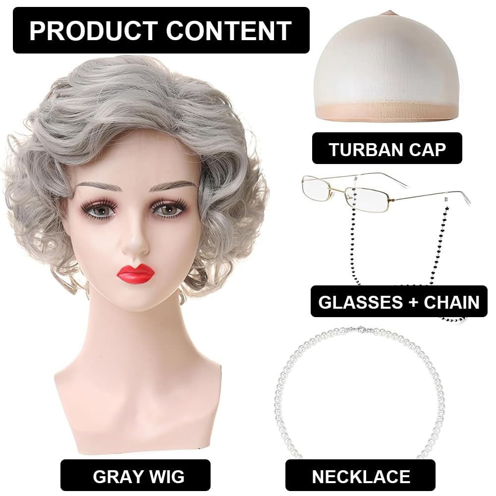 WFKKMEQ Old Lady Wig Costume, Old Lady Fancy Dress Set Granny Wig Cap Old Man Costume Accessories with Wigs, Chain Wigs Cap - Image 2