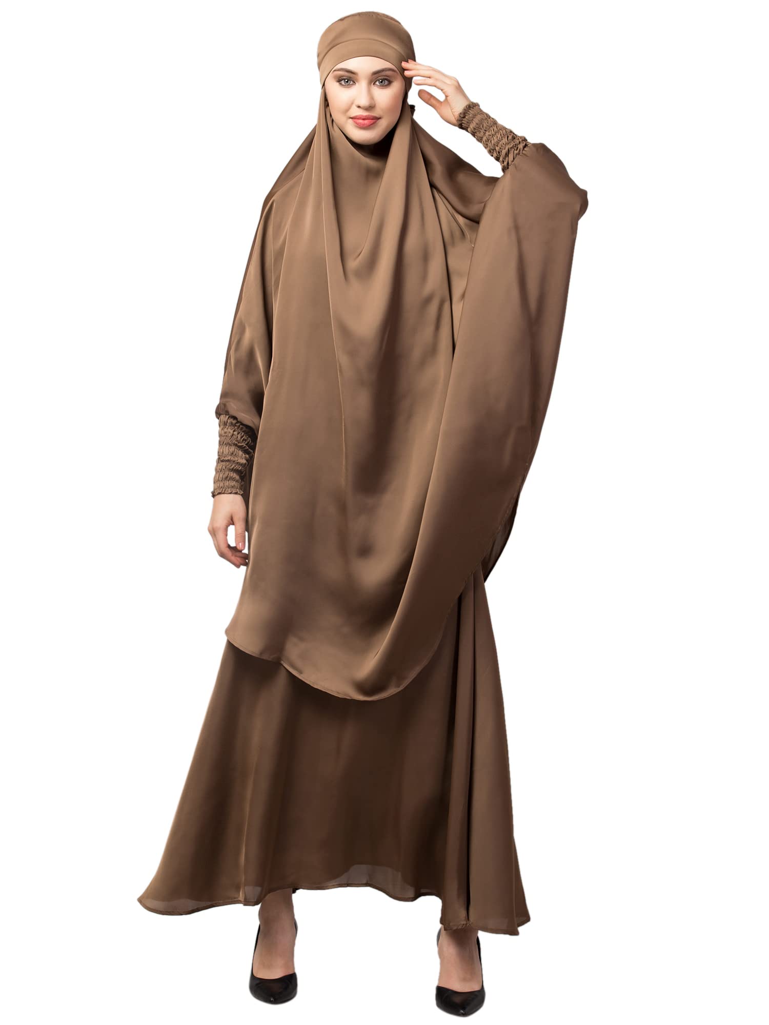 Two pcs Khimer & Skirt Ready to wear Instant Hijab cum Naqab Set (Lt-brown Sana khan)