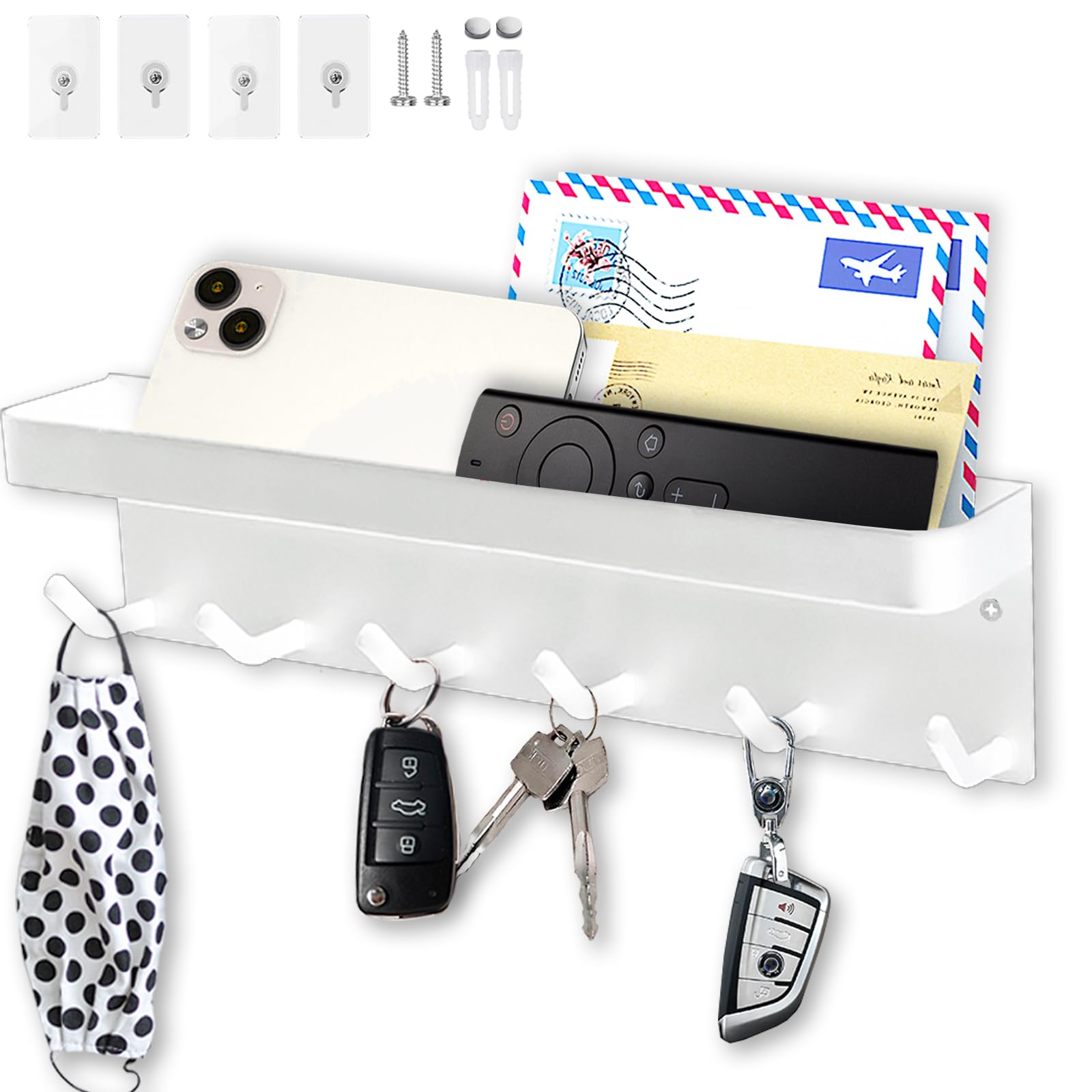 Echehi 6C White 6 Hooks Key Holder For Wall, 2 Ways Easy To Install Key And Mail Holder，Key Hooks Wall Mounted For Entrance Area, Hallway, Office. White