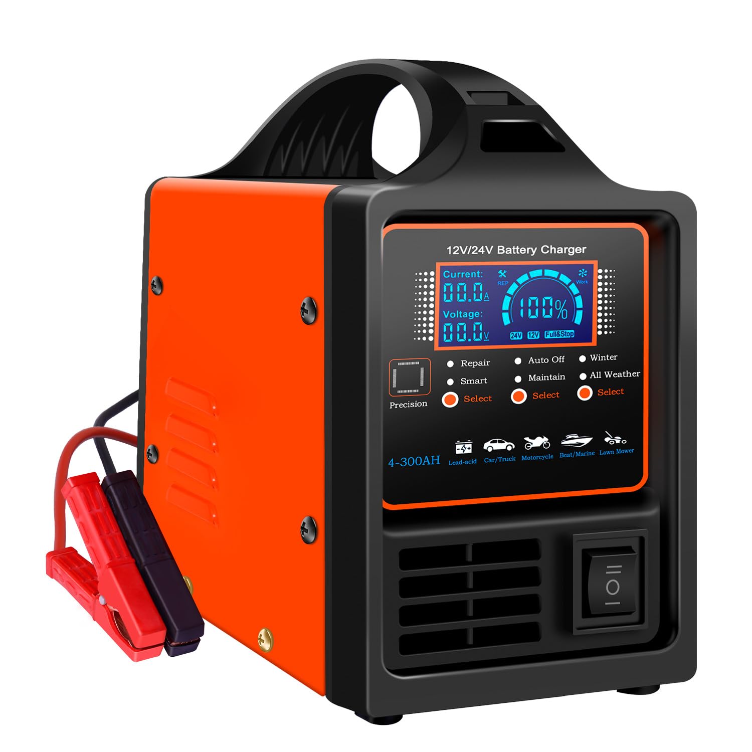 iSunergy Car Battery Charger, 12V/24V Automotive Battery Charger, 0-15A Smart Trickle Charger with Repair, Auto Off, Winter Mode, Battery Maintainer for Car Trucker Boat Mower Deep Cycle Batteries