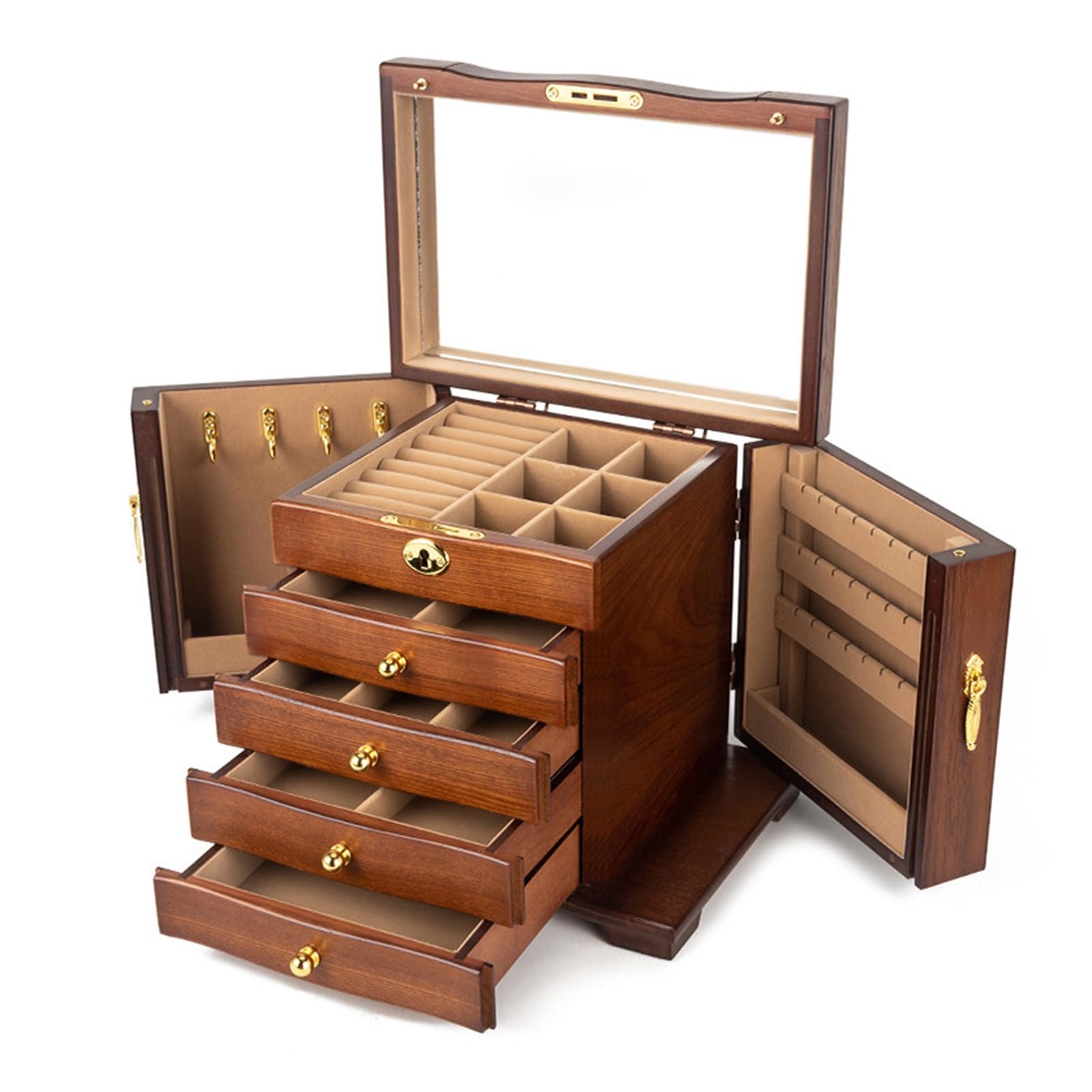 SDFSDE 5-Layer Wooden Jewelry Box With Mirror And Lock Luxury Jewelry Organizer And Storage Box For Watches Necklaces Rings Earrings Bracelets For Women(Brown)