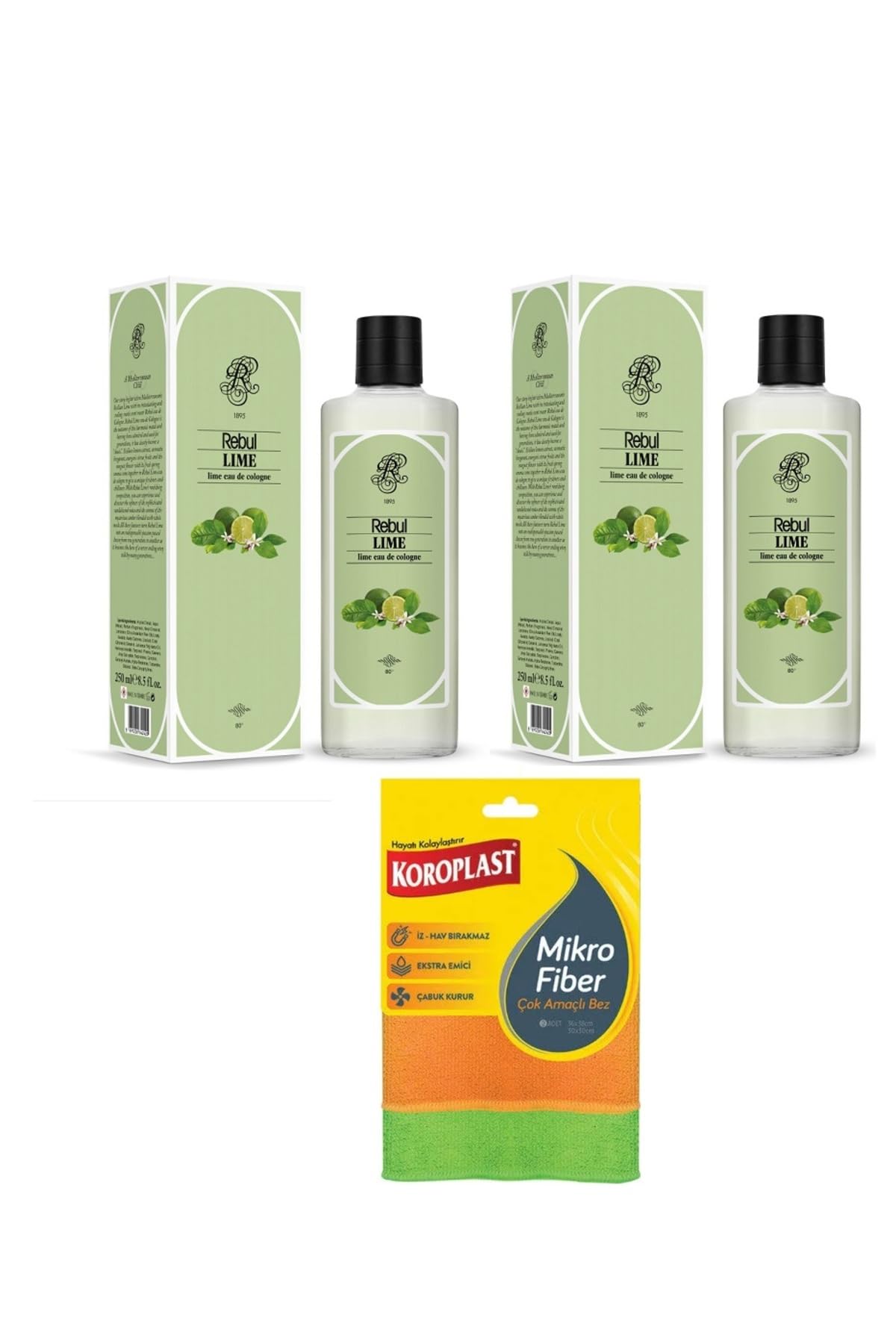 Rebul Lime Kolonya, 2 Adet 250ml, Koroplast Çok Amaçlı Mikrofiber Bez Hediyeli