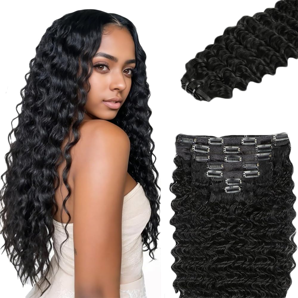 Deep Wave Clip in Hair Extensions Brasilien Echthaar Unprocessed Brazilian Virgin Hair Weave #1B Natural Black 7 Pieces 120g With 16 Clips Per Set für Frauen 28 Inch