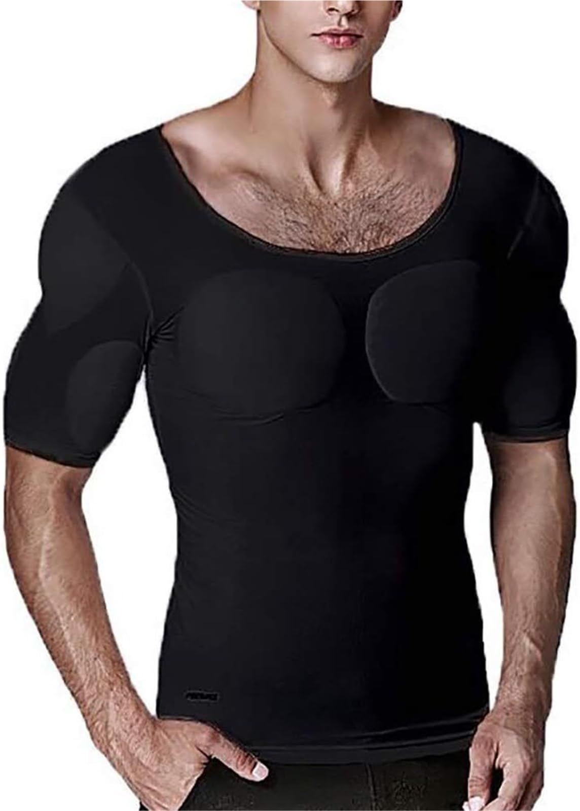 IUERVPS Men Shaper False Muscle Chest Tops T-Shirt Fake Muscle Chest Padded Underwear Compression T-Shirts(M) Black