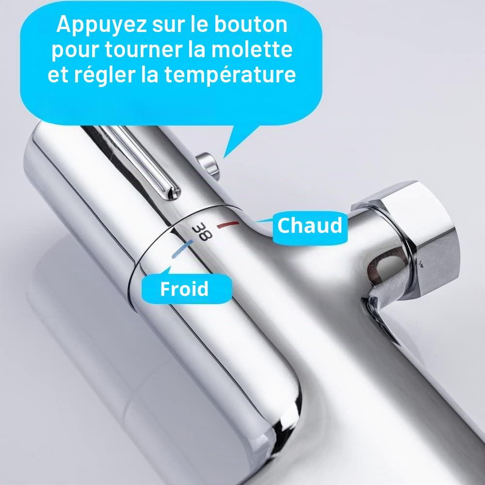ONECE Robinet de Baignoire Cascade avec Thermostat, 2 Fonctions, Chromé | Mitigeur de Bain Douche, Robinettrie de Douche Thermostatique à 38°C pour Salle de Bains