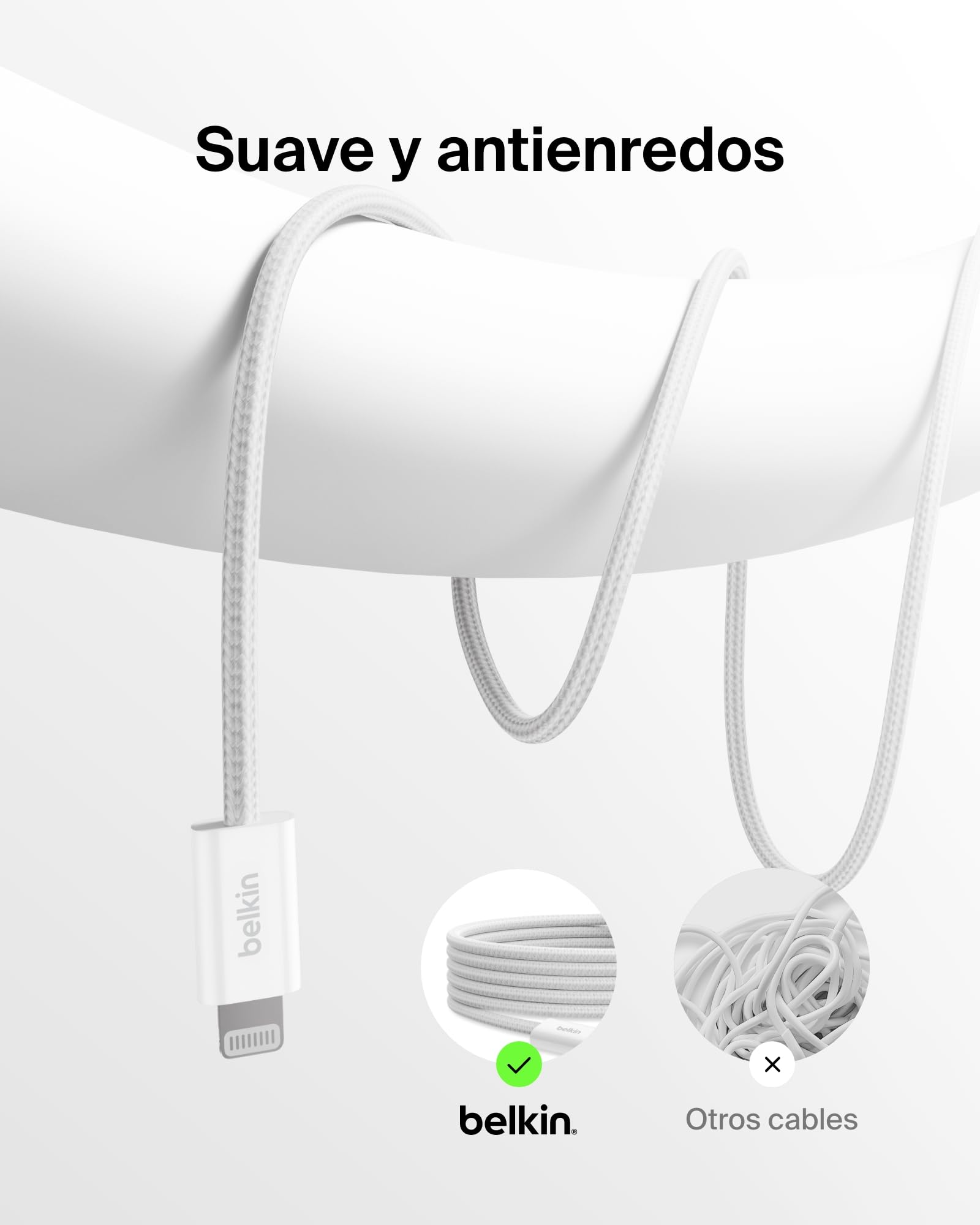 Belkin Paquete de 2 Cables Trenzados USB-C con conector Lightning de 1,5 m, carga rápida, cables de alimentación suaves y flexibles, iPhone 14 y anteriores, iPad de 9.ª generación y AirPods, Blanco