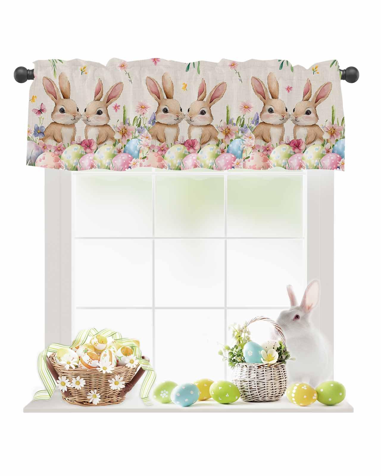 Easter Bunny Egg Floral Valances for Kitchen Windows Valance Curtains for Living Room, Spring Flowers Rabbits Rod Pocket Window Valance Red Window Treatment for Bathroom Bedroom 54x18inch, Washable