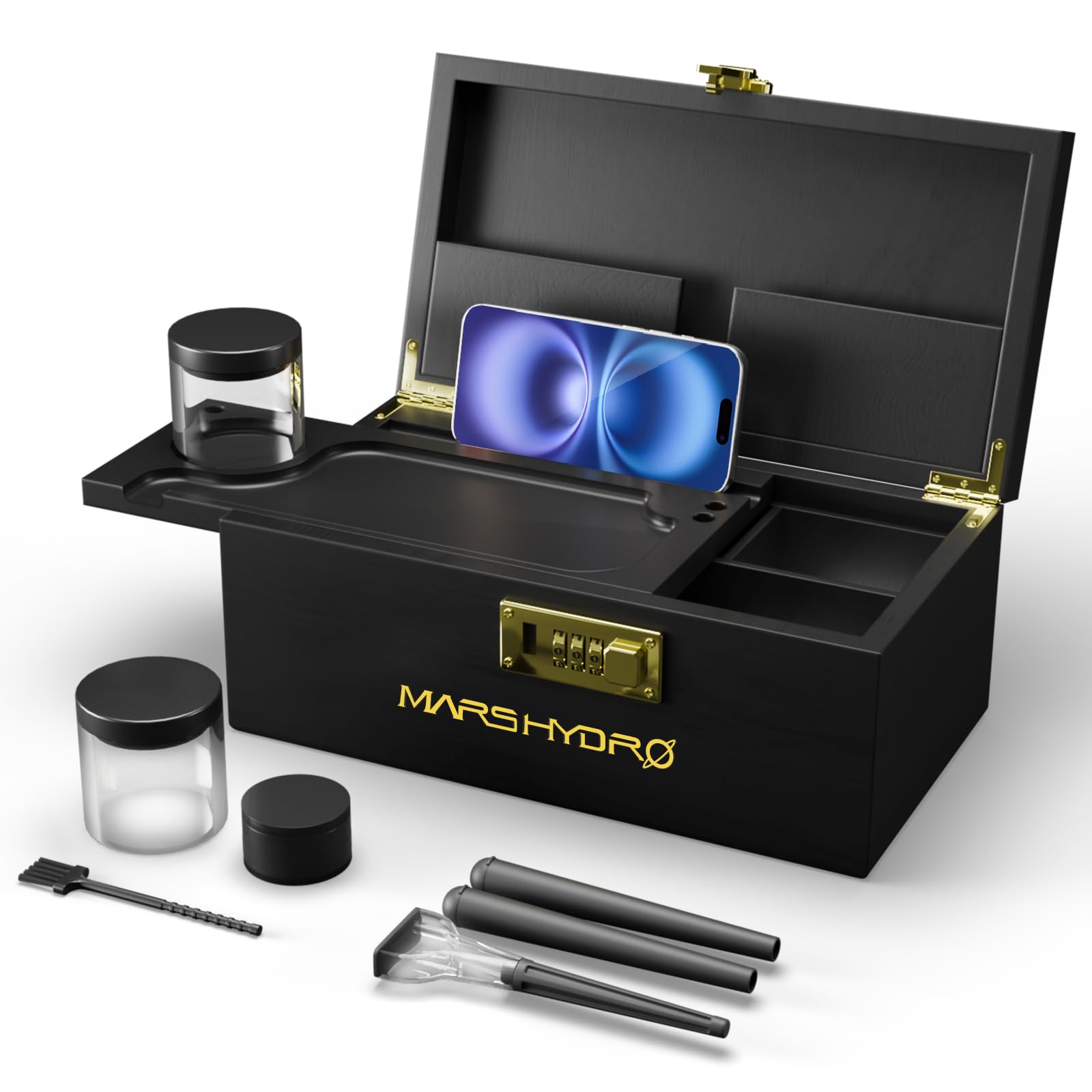 Large Bamboo Storage Box with Metal Combination Lock,Stash Box with Multi-functional Rolling Tray,Storage Jar,Grinder and Accessories Tool,Decorative Box for Home,Great Gift