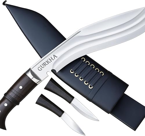 Miniatura 4 de Gurkha Auténtico cuchillo Kukri histórico forjado a mano con 3 hojas de acero al carbono de 18 pulgadas de largo, funda de cuero Khukuri de espiga