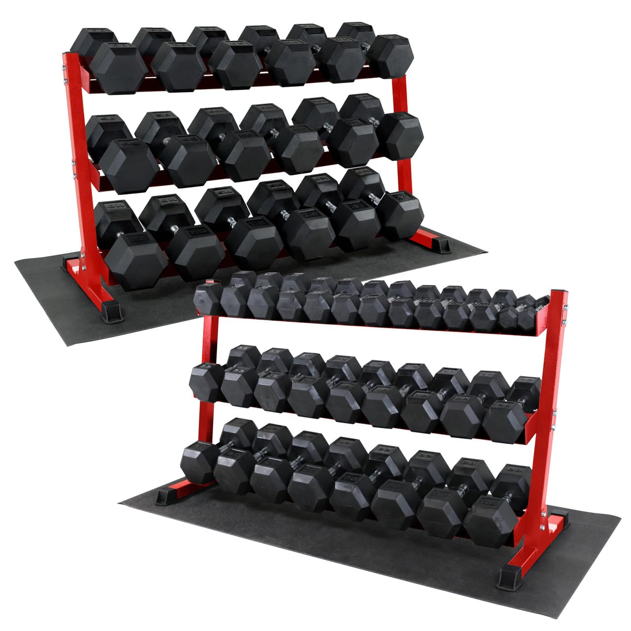 WF Athletic Supply Rubber Coated Hex Dumbbell Set Multiple Choices Available - Dumbbells with Rack Stand and Mat