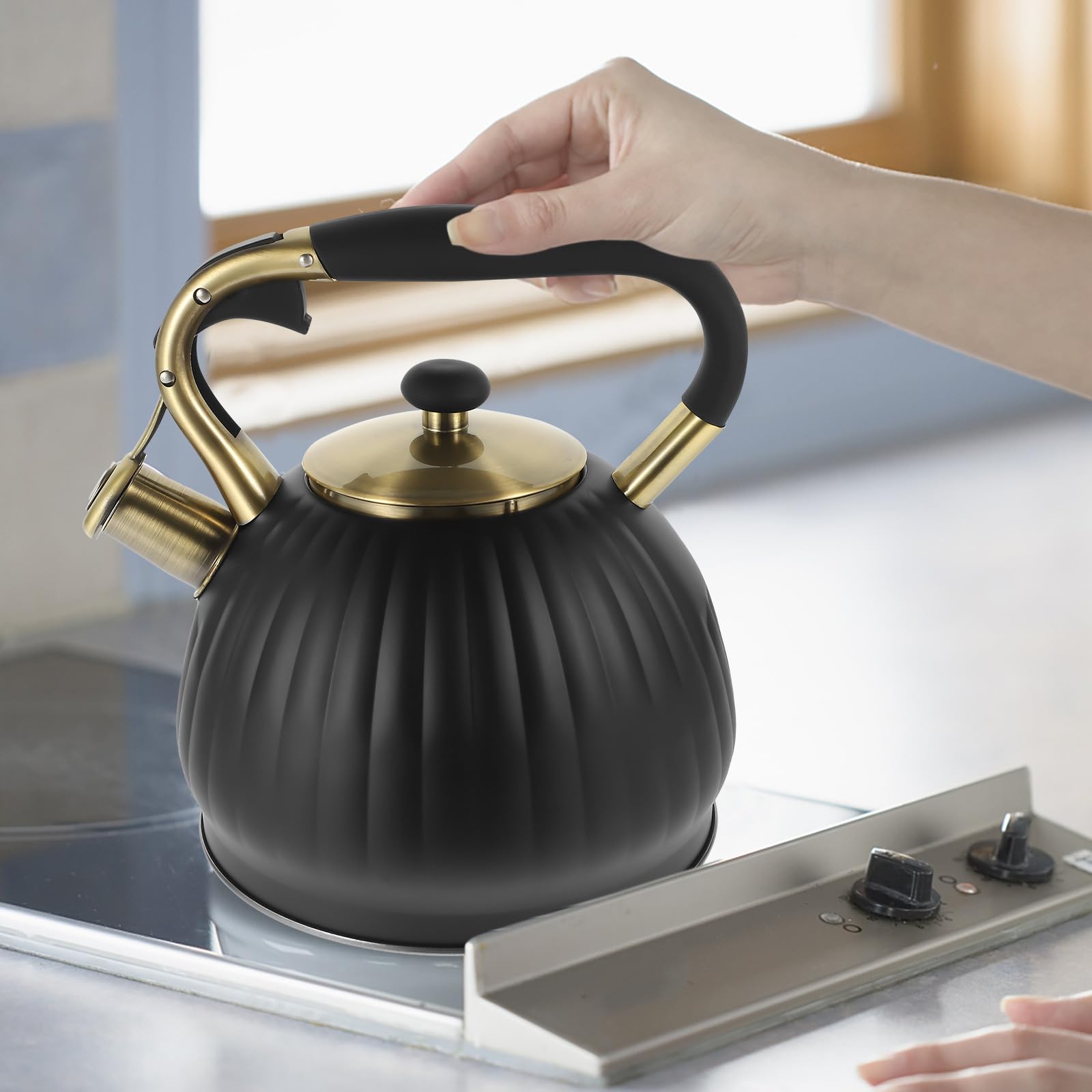 Holibanna Bollitore per Acqua da 3,5l in Acciaio Inossidabile Nero Manico Ergonomico e Dispositivo Automatico a Fischio per Ebollizione Rapida in Cucina Colore Casuale