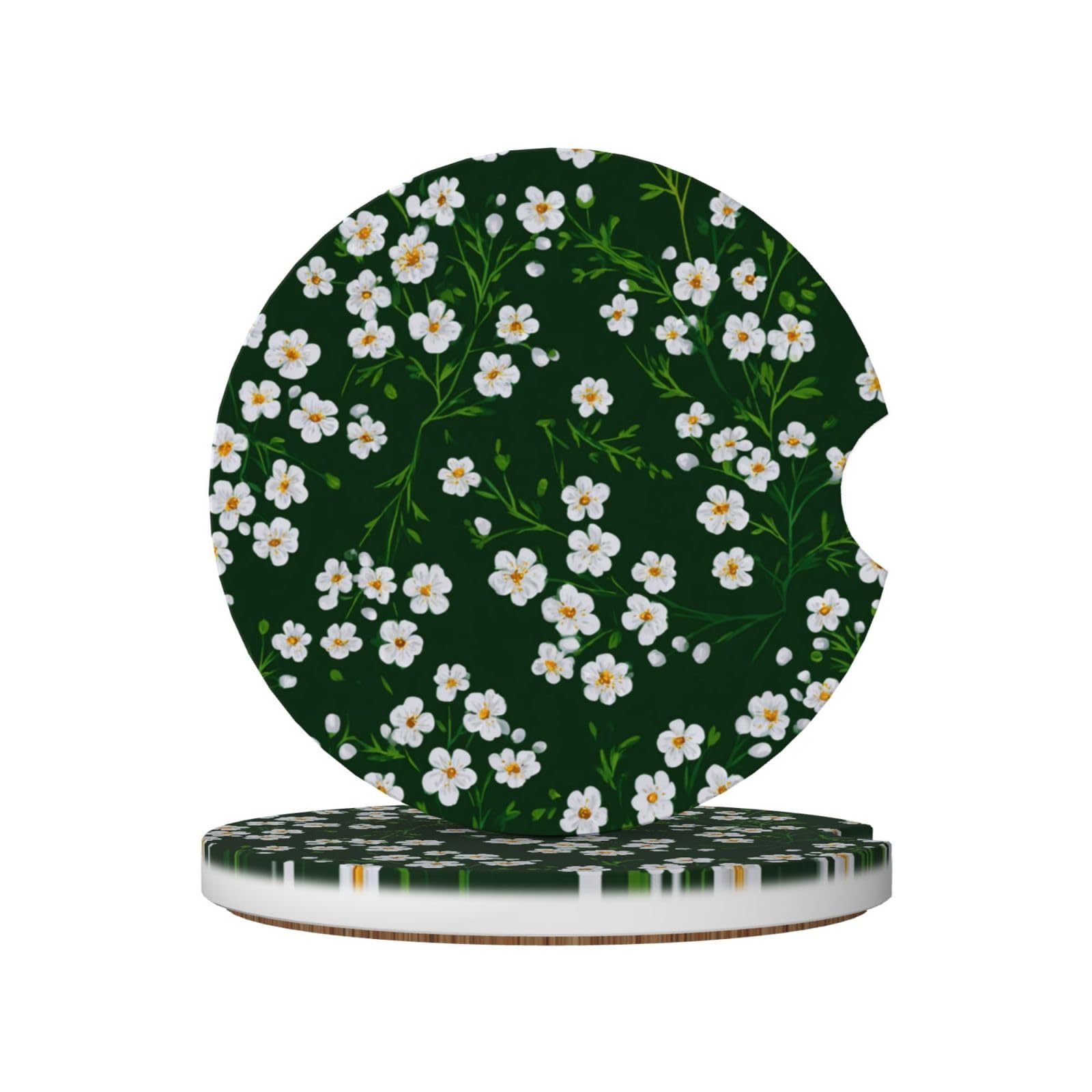 Spring Small Flowers On Dark Green Ceramic Coasters,2pcs