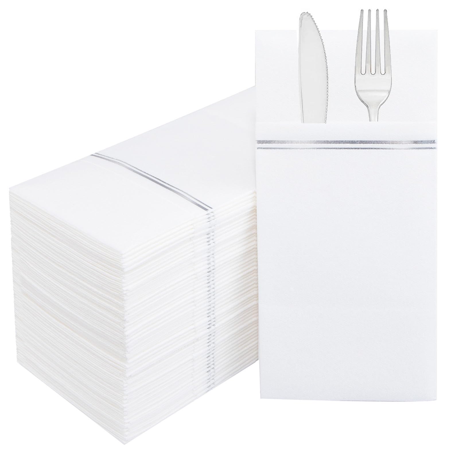 Nervure 100PCS Silver Paper Napkins with Built-in Flatware Pocket - White and Silver Prefolded Cloth Like Disposable Napkins - Heavy-duty Linen-Feel Dinner Napkins for Party & Wedding & Dinner