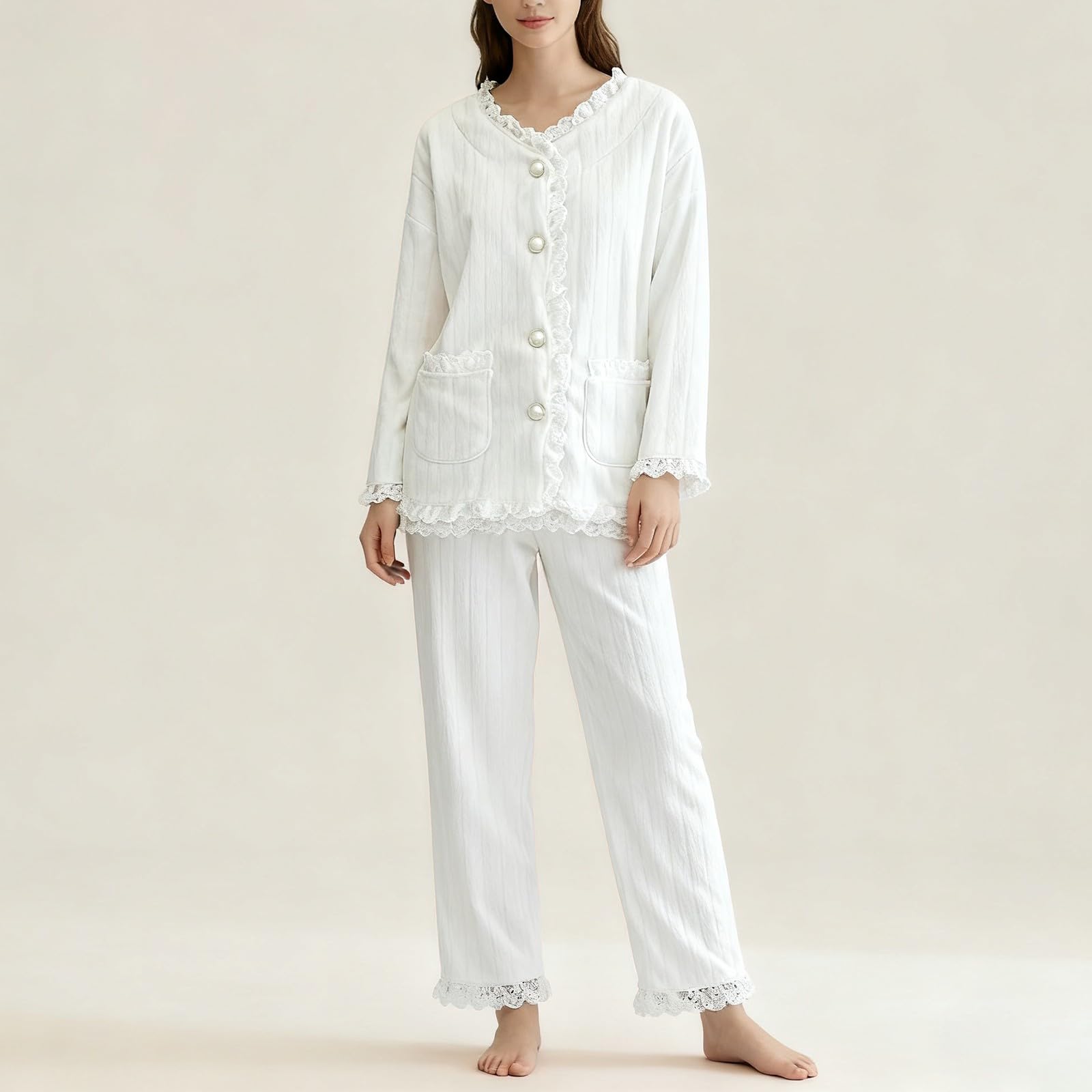 In Pile E Pizzo Corallo Bianco da Donna Autunno Inverno 2025 Pantaloni Lunghi Estivi Pigiama Estate Estivo Cotone Invernale Nonna Lungo Pigiami Leggero Corto Pijamas Ragazza 27 Anni