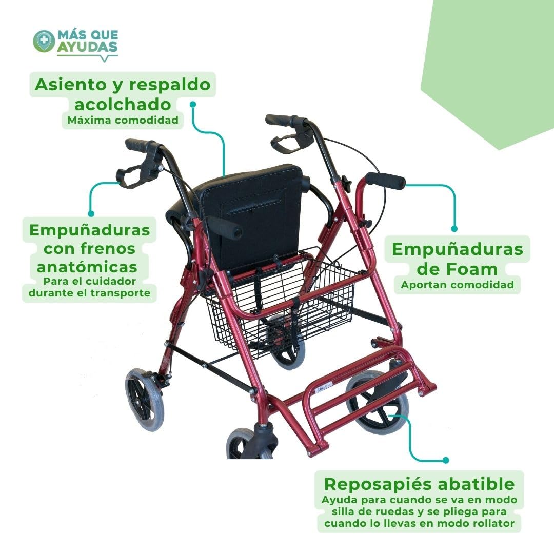 Queraltó Andador Rollator y Silla de Ruedas para Ancianos 2 en 1, Rojo