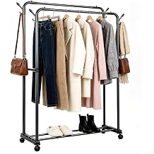 Clothes Rail, Double Rod Clothes Rack with Lockable Wheels & Hooks, Multifunctional Heavy Duty Clothing Rail for bedroom, Laundry, Living Room, 44 * 95 * 141CM