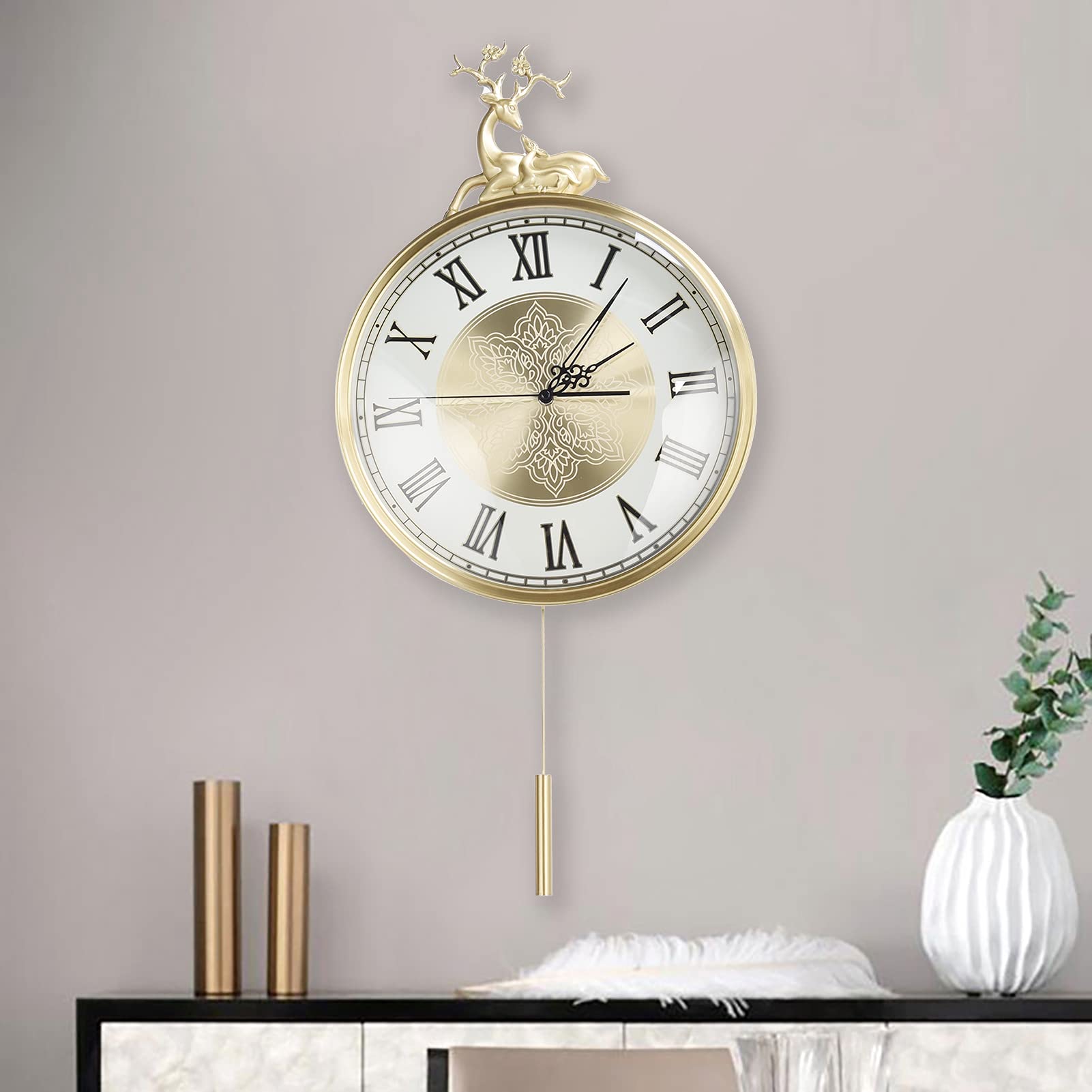 VBESTLIFE Reloj De Decoración De Estilo Europeo, Lujoso Sentido Artístico Sin Tictac, Reloj Redondo Retro De Cobre Puro con Pilas, Ideal para La Decoración del Hogar