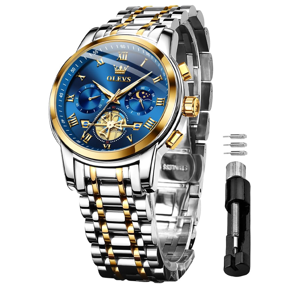 OLEVS Watches for Men Chronograph Business Wrist Watches Analog Quartz Moon Phase Stainless Steel Waterproof Luminous Dress Watches
