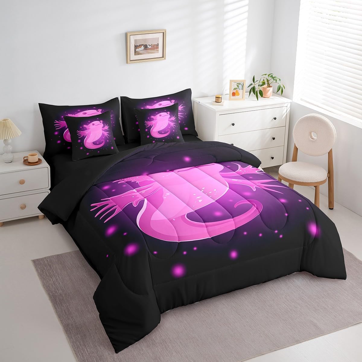 Erosebridal Axolotl Queen Comforter Set 7 Pieces,Glitter Sealife Ocean Animal Bed in a Bag with Sheet Set for Kids Boys Girls Bedroom Decor,Cute Axolotl Bed Sheets,3D Salamander Axolotl Bedding Set