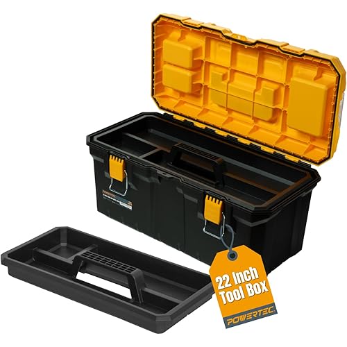 POWERTEC 22-Inch Tool Box with Trays - Lockable, Metal Latch, Organizer, Portable Storage for Tools, Small or Mid-Sized Parts (72363)