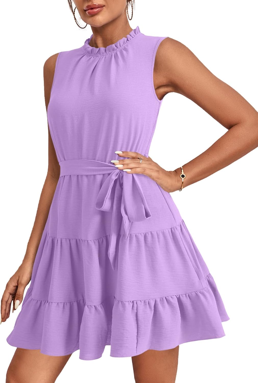 Umenlele Women's Ruched Trim Crewneck Sleeveless Tie Knot High Waist Ruffle Layered Short Dress - Image 3