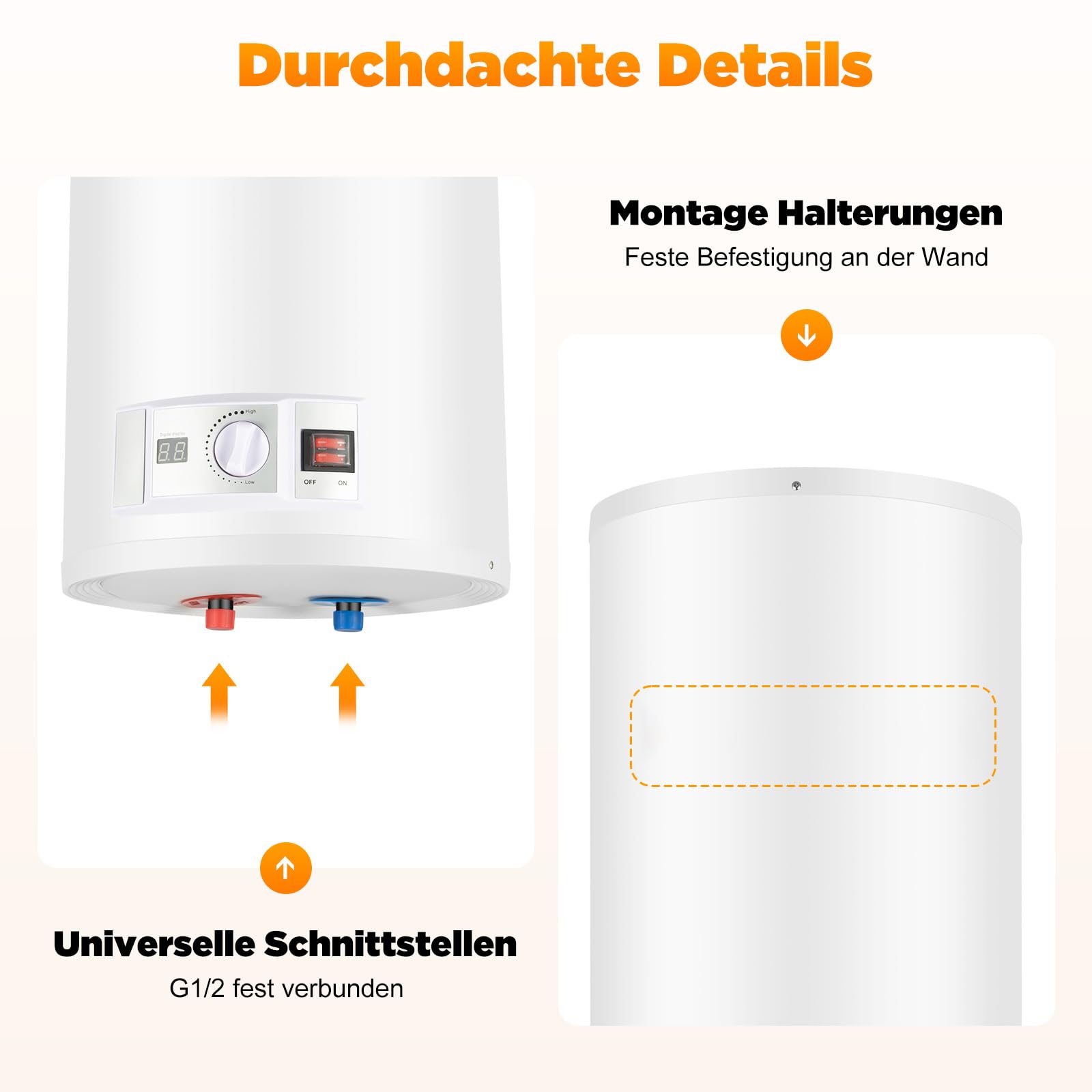 80L Warmwasserspeicher 2000W mit Handbrause, Temperatur regelbar 77-167°F und verdickter Isolierung, Elektro Warmwasserspeicher mit LED-Display und komplettem Zubehör für Bad und Dusche